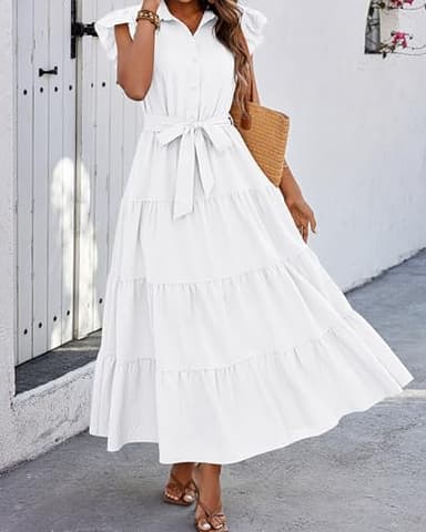 dowerme Women Summer Dress Trendy Ruffle Sleeve Button V Neck Belted Pleated Tiered Loose Boho Flowy Shirt Dresses 2025(White,XX-Large) - Image 4