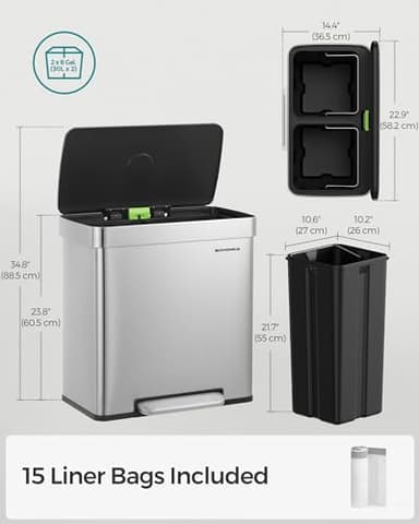 SONGMICS Kitchen Trash Can, 16 Gallon (2 x 8 Gallon) Dual Compartment Garbage Can, 60L Pedal Recycling Bin, Stays Open and Soft Close, Stainless Steel, 15 Bags Included, Metallic Silver ULTB202E01 - Image 5