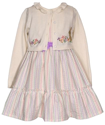 Bonnie Jean Girls Size 3M-6X Easter Bunny Sweater Seersucker Dress (Ivory-Multi, 3T) - Image 1