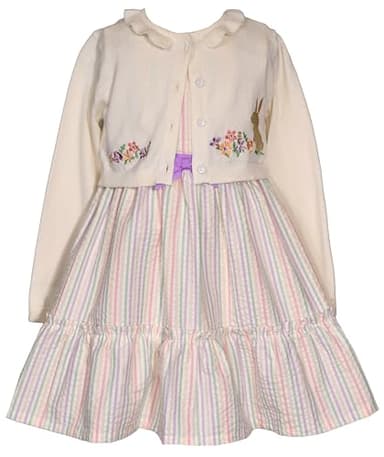 Bonnie Jean Girls Size 3M-6X Easter Bunny Sweater Seersucker Dress (Ivory-Multi, 3T) - Image 1
