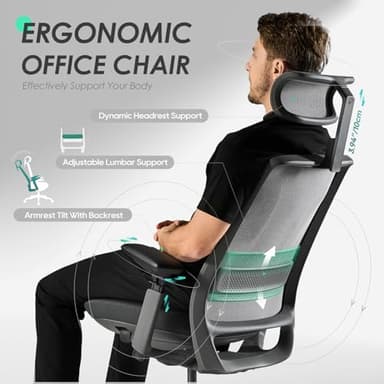 COLAMY Ergonomic Office Chair, High Back Computer Executive Desk Chair with Lumbar Support, Adjustable Headrest and 4D Arms, Slide Seat-BlackGrey - Image 8