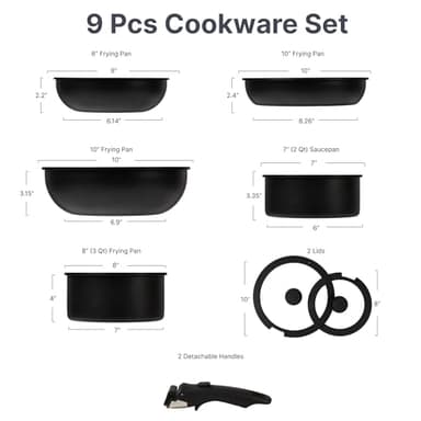 Daniks 9-Piece Nonstick Cookware Set, Ceramic Induction Pots and Pans with Detachable Silicone Handles, Oven & Dishwasher Safe, Black - Image 3