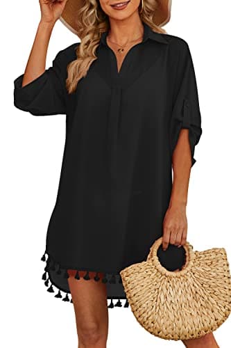 Yincro Women Swimsuit Cover Up Shirt 2025 Tassel Beach Bathing Suit for Swimwear Bikini Dress(Black, L) - Image 1