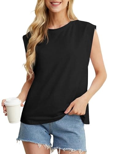 GRECERELLE Women 2025 Cap Sleeve Tops Summer Casual Tee Shirt Loose Crew Neck Basic Tank Trendy Vacation Outfits, Black, Medium - Image 5