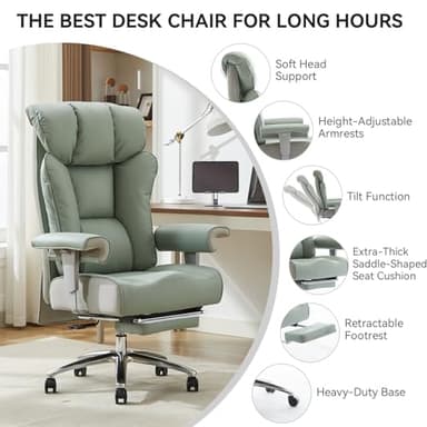 Efomao Big and Tall Green Office Chair 450LBS – Ergonomic High-Back Executive Chair with Footrest, Adjustable Padded Armrests, PU Leather Computer Chair with Lumbar Support for Home or Office，Green - Image 4