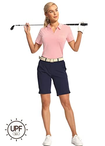 Hiverlay Women's Golf Polo Shirts V Neck Short Sleeve Collared Shirt for Work Casual with Pocket Tennis Tops Quick Dry Pink S - Image 4