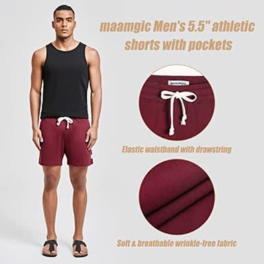 maamgic Mens Athletic Gym Shorts 5.5" Elastic Waist Casual Pajama Pocket Jogger Men Workout Short Pants Wine Large - Image 2
