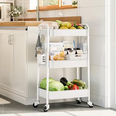 TOOLF 3 Tier Rolling Cart Storage Organizer, Metal Rolling Utility Cart with Wheels, Hooks & Bins Esthetician Craft Art Sturdy Storage with Pegboard for Bathroom, Kitchen, Office, Nursery Diaper - Image 8