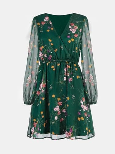 CUPSHE Women's Mini Dress Floral Print V Neck Long Peasant Sleeves Chiffon A-Line Flowy Short Dress Green, M - Image 5