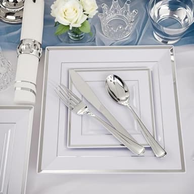 Festiva 350Pcs Silver Plates - Silver Square Plastic Plates 9 .5" and 6" - serve for 50 guests include 50 Cups 50Plastic Cutlery 50Hand Napkins Perfect for Party&Wedding&Birthday&Christmas - Image 4