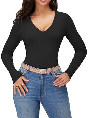 iGENJUN Women Long Sleeve V Neck Shirts for Women Business Casual Work Top Knit Slim Fit for Fall,Black,M - Image 6