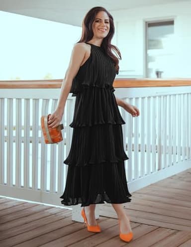 ZESICA Women's 2025 Summer Sleeveless Halter Neck Ruffle Tiered Layed Chiffon Flowy Swing Long Midi Dress,DarkBlack,X-Large - Image 5
