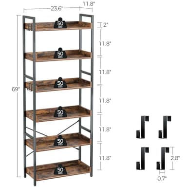 Rolanstar Bookshelf 6 Tier with 4 Hooks, Industrial Wood Bookcase, Vintage Storage Rack with Open Shelves, Rustic Standing Bookshelves Metal Frame Display Rack for Living Room, Bedroom, Rustic Brown - Image 3