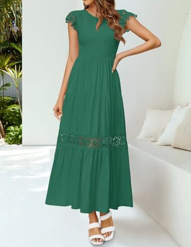 ZESICA Women's Casual Crew Neck Flutter Sleeve Smocked High Waist Hollow Out Lace Trim Tiered A Line Midi Dress,ForestGreen,Small - Image 5