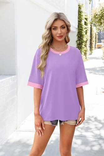 OFEEFAN Fashion Clothing Summer Shirts for Women Short Sleeve T-Shirts Womens Tank Tops Oversized Tshirts Z-Violet XL - Image 4