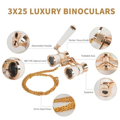 3X25 Glass Binocular with Adjustable Handle & Chain,BK7 Optical Lens, Cute Mini Theater Binoculars Adults Kids in Opera Musical Concert-White - Image 2
