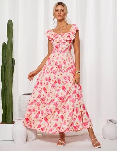 Women's Summer Dresses Ruffle Off Shoulder Trendy Corset Sundress Beach Long Maxi Outfits Pink Yellow XXL - Image 2