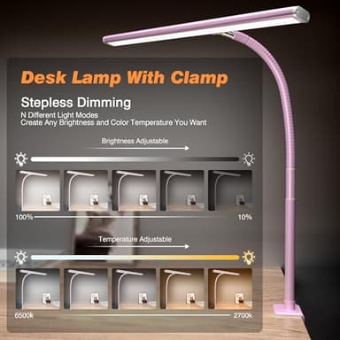 Airlonv LED Desk Lamp for Office Home, Eye-Caring Desk Light with Stepless Dimming Adjustable Flexible Gooseneck, 10W USB Adapter Desk Lamp with Clamp for Reading, Study, Workbench (Pink) - Image 2
