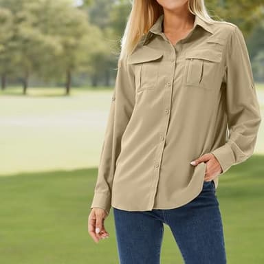 Toumett Women's UPF 50 Long Sleeve UV Sun Protection Safari Shirts Outdoor Quick Dry Fishing Hiking Travel Shirts(5071,Khaki,L) - Image 9