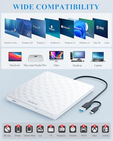 ORIGBELIE External CD/DVD Drive for Laptop, Ultra Slim 13mm USB 3.0 Type-C Portable DVD Player CD Burner Reader Writer Recorder for Desktop PC Windows 11/10/8/7 Linux Mac OS, White - Image 3
