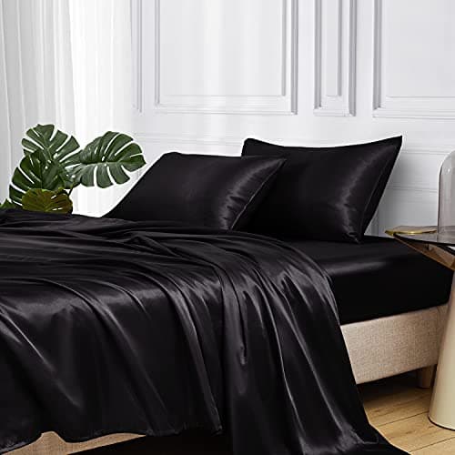 MR&HM Satin Sheets Full Size with Elastic Corner Straps, 4-Piece Silky Bedding Set, Deep Pocket 15 Inches, Good for Hair & Skin (Full, Black) - Image 1