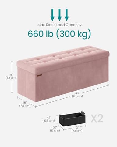 SONGMICS Mazie Collection - Storage Ottoman Bench, Foldable Foot Rest, 15 x 43 x 15 Inches, End of Bed Bench, Storage Chest, Load 660 lb, Living Room, Bedroom, Entryway, Jelly Pink ULSF277R01 - Image 3