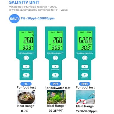 Aquarium Salt Tester -Pool Salt Tester, Versatile 5 in1 Salinity, PH, TDS, EC, and Temperature Meter, Digital Salinity Tester for Saltwater Aquarium, Accurate Salinity Meter,Green - Image 3