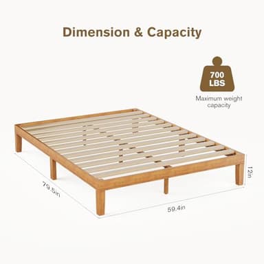 Sweetcrispy Solid Wood Bed Frame, Queen Size Bed Base with Wood Slat Support, Sturdy, Stylish & Noise-Free Design, No Box Spring Needed, Easy Assembly, 12 in Natural Pine - Image 2