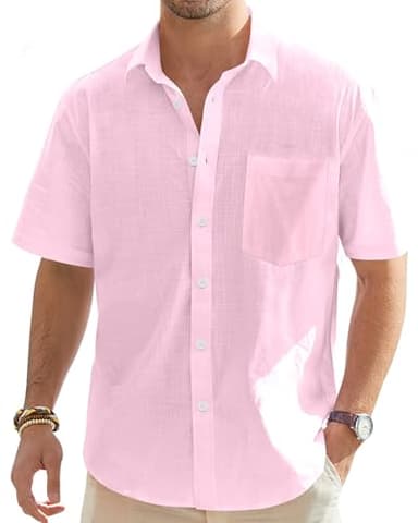 J.VER Mens Button Down Short Sleeve Shirts Casual Beach Vacation Linen Shirt Cotton Summer Clothes for Tropical Cruise Party Pink XXL - Image 1