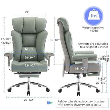 Efomao Big and Tall Green Office Chair 450LBS – Ergonomic High-Back Executive Chair with Footrest, Adjustable Padded Armrests, PU Leather Computer Chair with Lumbar Support for Home or Office，Green - Image 3
