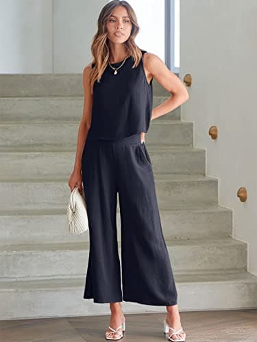 ANRABESS Women's Summer 2 Piece Outfits Sleeveless Crop Top Capri Wide Leg Pants Jumpsuit Casual Linen Lounge Matching Sets Beach Travel 2025 Trendy Clothes Navy Blue Large - Image 5