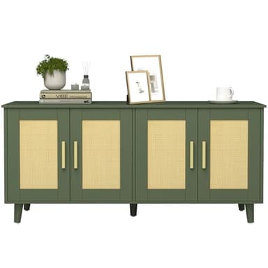 Homhedy Boho Cat Litter Box Enclosure for 2 Cats, Wooden Cat Washroom Furniture with Double Rattan Decorated Doors, Pet House,47.2”L x 19.7”W x 21.7”H, Green - Image 9