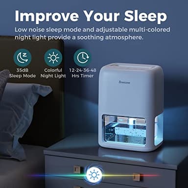 BREEZOME 60 OZ Dehumidifiers for Home, Dual-Semiconductor Quiet Dehumidifier with Timer Sleep Mode Auto-Off 7 Colors Light Portable Small Dehumidifiers for Bathroom, Cloakroom, RV - Image 4