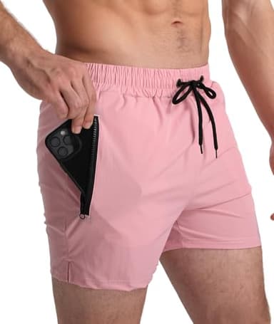 Mens Pink Swim Trunks 5" Quick Dry Beach Shorts Stretch Swimming Trunks Shorts with Compression Liner and Zip Pockets XL - Image 1