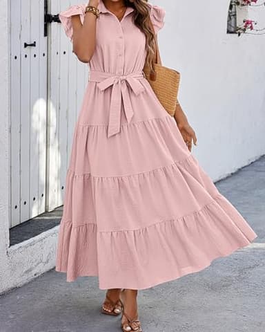 dowerme Women's Summer Dresses 2025 Cap Sleeve Button V Neck Tie Waist Pleated Tiered Loose Fit Boho Flowy Shirt Dress(Pink,Large) - Image 4