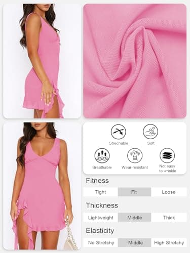 MIYIEONZ Women Sleeveless Sexy V Neck Bodycon Mini Dress Summer Side Slit Mesh Irregular Ruffle Hem Backless Short Dress Pink - Image 4