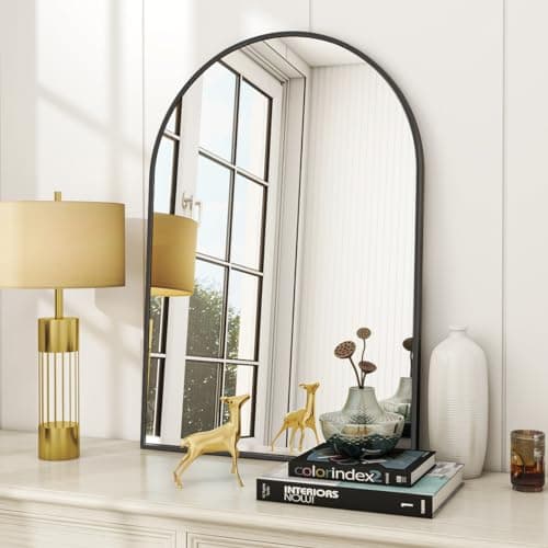 VooBang Arched Wall Mirror, 24 x 36 inch Arch Bathroom Mirror, Wall Mounted Vanity Mirror with Arch Metal Frame, Modern Bathroom Vanity Mirror for Bedroom, Living Room, Hanging or Leaning, Black - Image 1