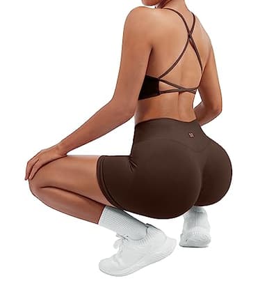 SUUKSESS Women Seamless 2 piece Workout Sets Strappy Padded Sports Bra Booty High Waisted Shorts Outfits (Deep Brown,M) - Image 5