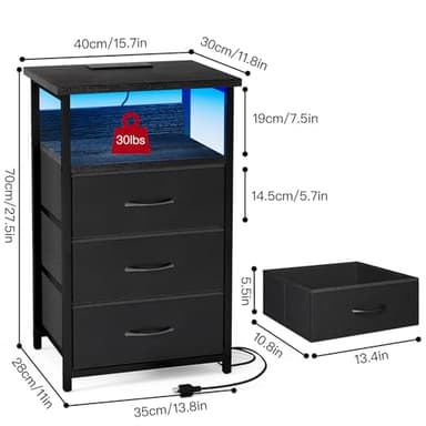 Fixwal Night Stand with Charging Station, LED Nightstand with U-S-B Ports and Outlets, 3 Fabric Storage Drawers with PU Finish, Bedside Table, Black - Image 3
