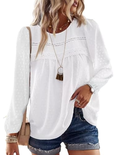 Falechay Plus Size Tops for Women Keyhole Button with Elastic Loop Dressy Casual Crewneck Long Sleeve Flowy Blouses Summer Boho Shirts White 2XL - Image 1
