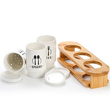 Fasmov Flatware Holder, 3 Pack Silverware Caddy with Bamboo Rack, Utensil Holder Ceramic Flatware Caddy White Ceramic Cutlery Organizer for Forks, Spoons, Knives - Image 4