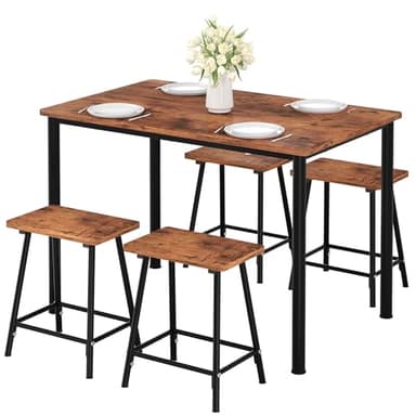 VECELO Kitchen Table and Chairs for 4, Dining Room Set with Chairs/Stools, Heavy-Duty Metal Frame with Wooden Tabletop for Small Spaces, Easy Assembly, Antique Brown - Image 8