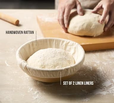 Banneton Bread Proofing Basket, Kook, Sourdough Proofing Bread Basket, Bread Banneton Proofing, Artisan Sourdough Making Baskets, 9 Inch Rattan Baskets and Cloth Liners, Set of 2, Round - Image 3