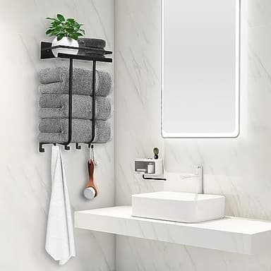 Towel Racks for Bathroom, Towel Rack Wall Mounted with Metal Shelf and 5 Hooks for Small Bathroom, Towel Holder for Bathroom, Bath Towel Storage for Rolled Towels Organizer, Black - Image 7
