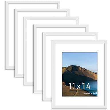 PEALSN 11x14 Picture Frame Set of 6, Display Pictures 8x10 with Mat or 11x14 Without Mat for Wall Mounting or Table Top Display, Photo Frames Collage for Wall Decor, White. - Image 1