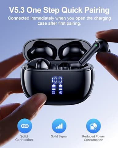 HUIFU Wireless Earbuds, Bluetooth Ear Buds Headphones, 40H Long Playtime, Stereo Deep Bass, LED Power Display, IPX7, Lightweight in Ear Earphone with Mic for iPhone Android Phone - Image 3