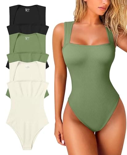 OQQ Women's 3 Piece Bodysuits Sexy Ribbed Strappy Square Neck Sleeveless Tummy Control Tank Tops Bodysuits Black Pea green Beige - Image 1