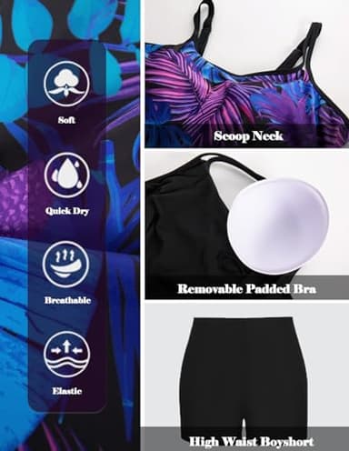 Hanna Nikole Plus Size Swimsuit for Women V Neck Padded Swim Top with High Waits Boyshort Purple Print 16 Plus - Image 5