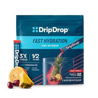 DripDrop Hydration Packets - Fruit Punch - Single Serve Electrolytes Powder Drink Mix - Non-GMO, Gluten Free, Vegan - 32 Sticks - Image 1