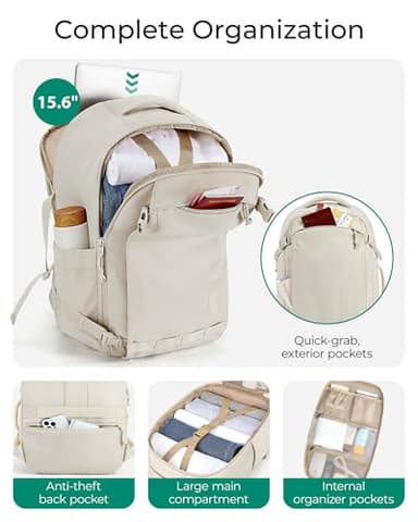 BAGSMART Blast Travel Backpack, 15.6 Inch Carry On Backpack Flight Approved, TSA Approved Personal Item Travel Bag, Water Resistant Weekender Bag Luggage Daypack, Beige - Image 3